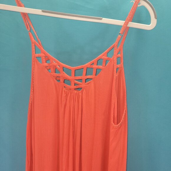 Sleeveless Orange Maxi Dress With Lattice Neckline By Skemo Size M 100% Rayon - Picture 11 of 11